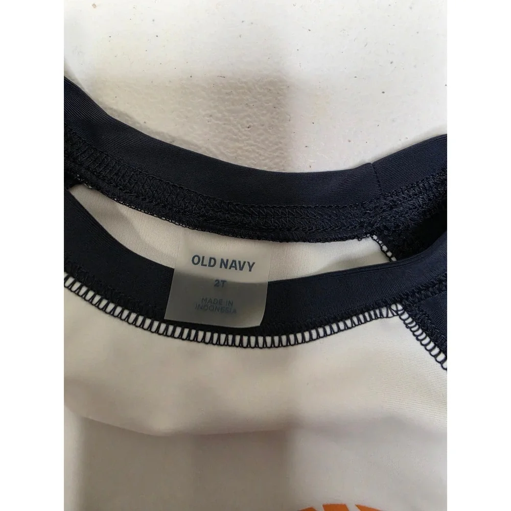Old Navy Toddler Boys 2T Rash Guard and Swim Trunks Set Navy White Orange Fruit